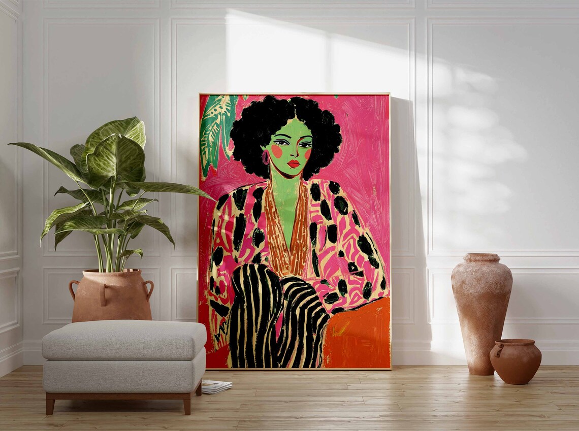 Woman With Afro Pink Spotted Robe Fauvist Portrait Art Poster - Image 2