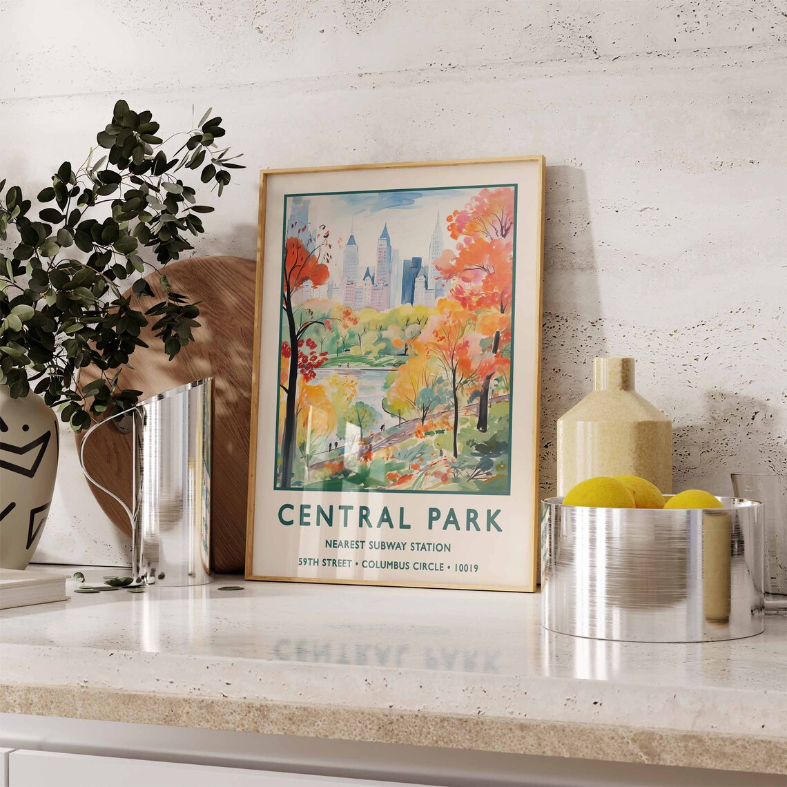Central Park New York Autumn Watercolor Skyline Travel Poster - Image 2