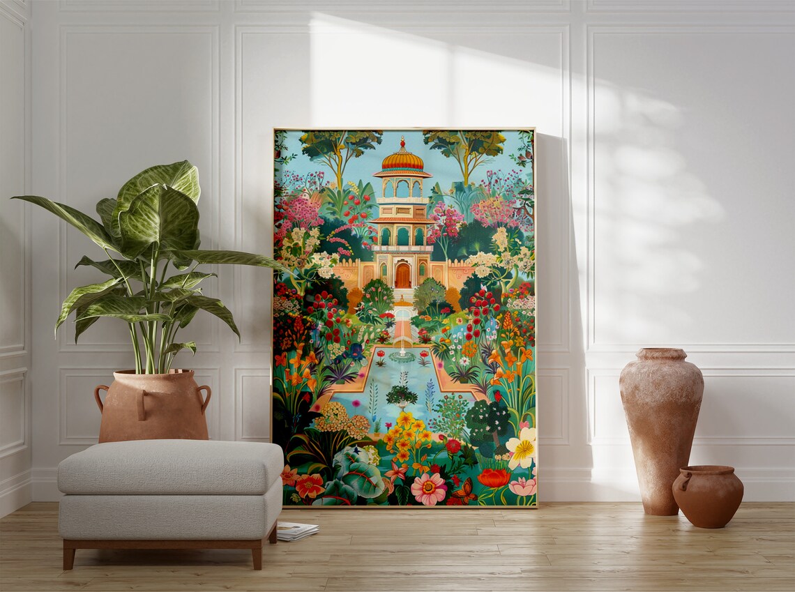 Vibrant Indian Palace Floral Garden Botanical Illustration Wall Art - Image 3