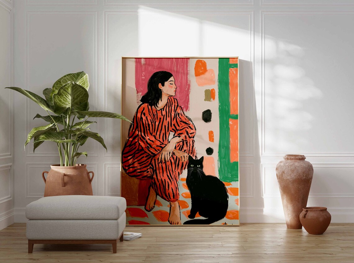 Woman in Red Striped Robe With Black Cat Modern Portrait Poster - Image 2