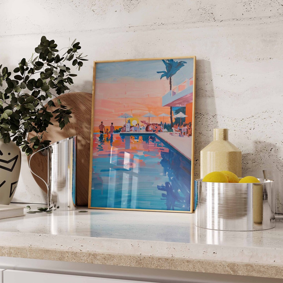 Sunset Poolside Gathering Umbrellas Modern Terrace Art Poster - Image 2