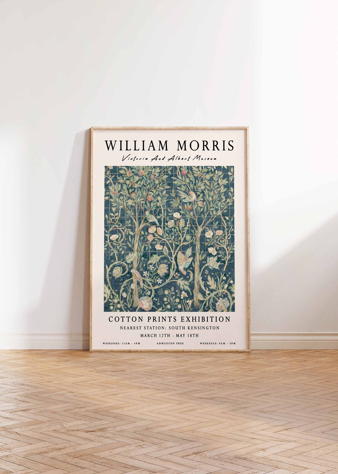 William Morris Cotton Prints Exhibition Trellis Birds Poster - Image 3