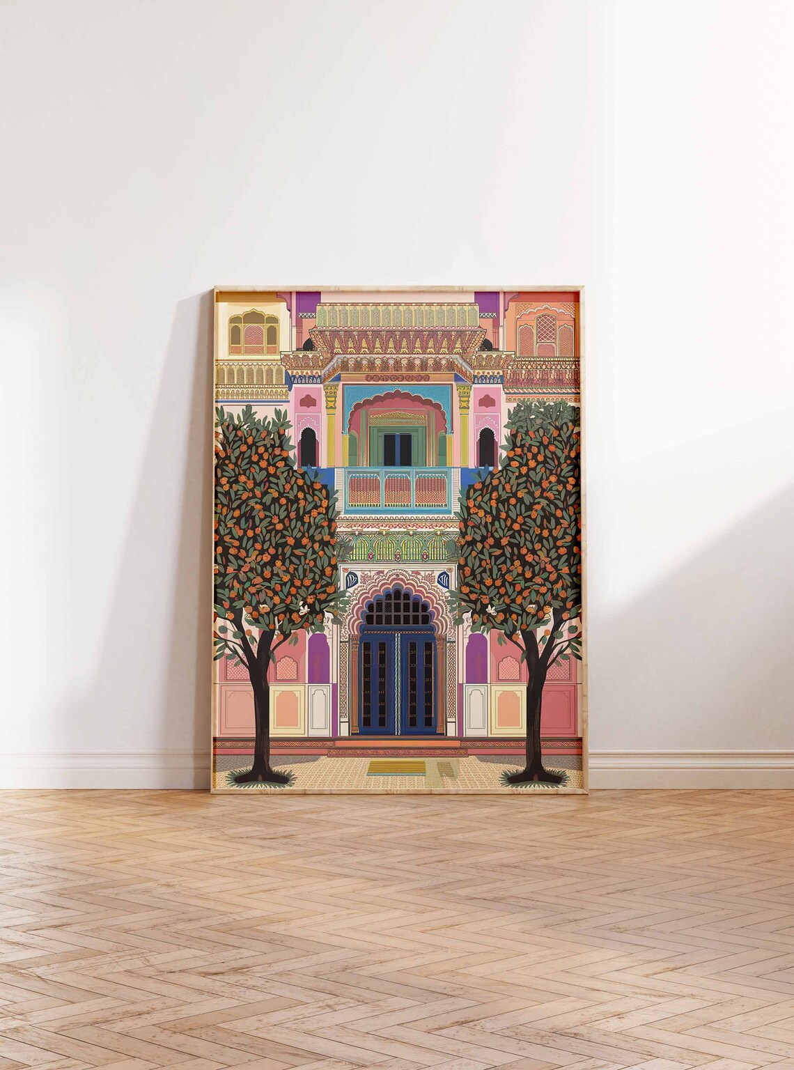 Colorful Indian Haveli Palace Facade With Orange Trees Poster - Image 2