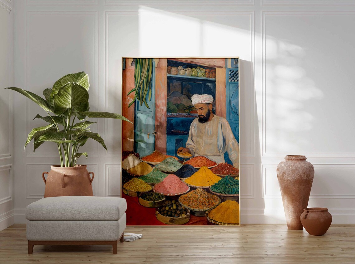 Spice Merchant Portrait Behind Mounds of Colorful Spices Poster - Image 3