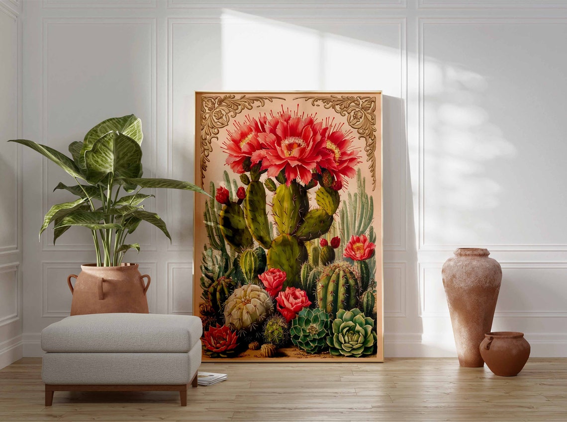 Prickly Pear Opuntia Pink Blooms Gold Corner Botanical Poster - Image 2