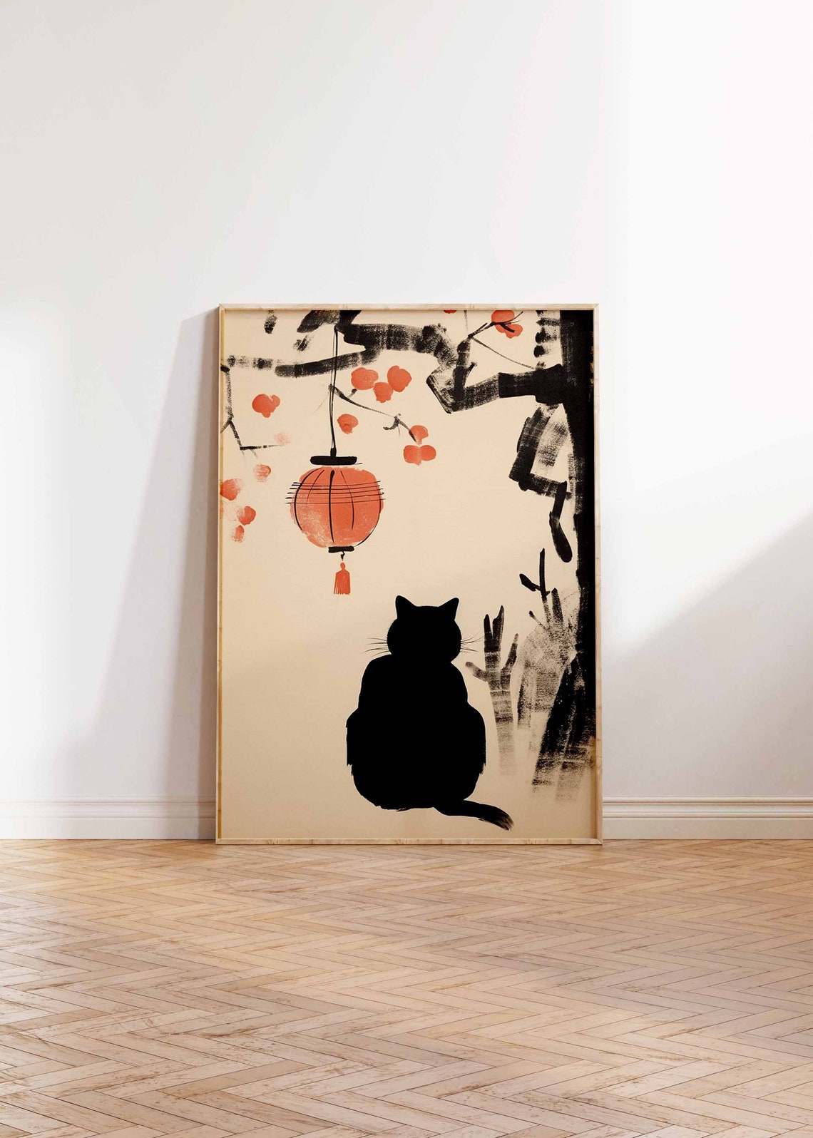 Japanese Black Cat Paper Lantern Blossom Branch Sumi E Poster - Image 2