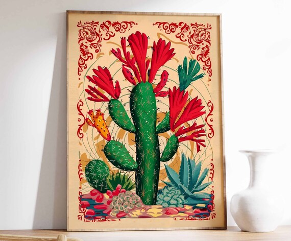 Flowering Cactus Red Trumpet Blooms Folk Botanical Art Poster