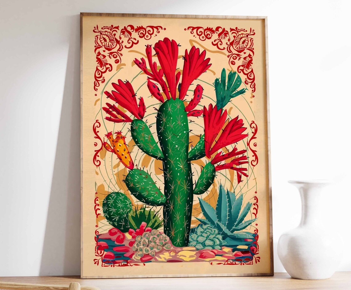 Flowering Cactus Red Trumpet Blooms Folk Botanical Art Poster