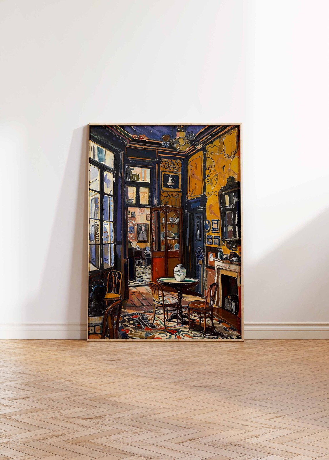 Blue And Gold Dining Room Fireplace Chairs Elegant Vintage Print - Image 2