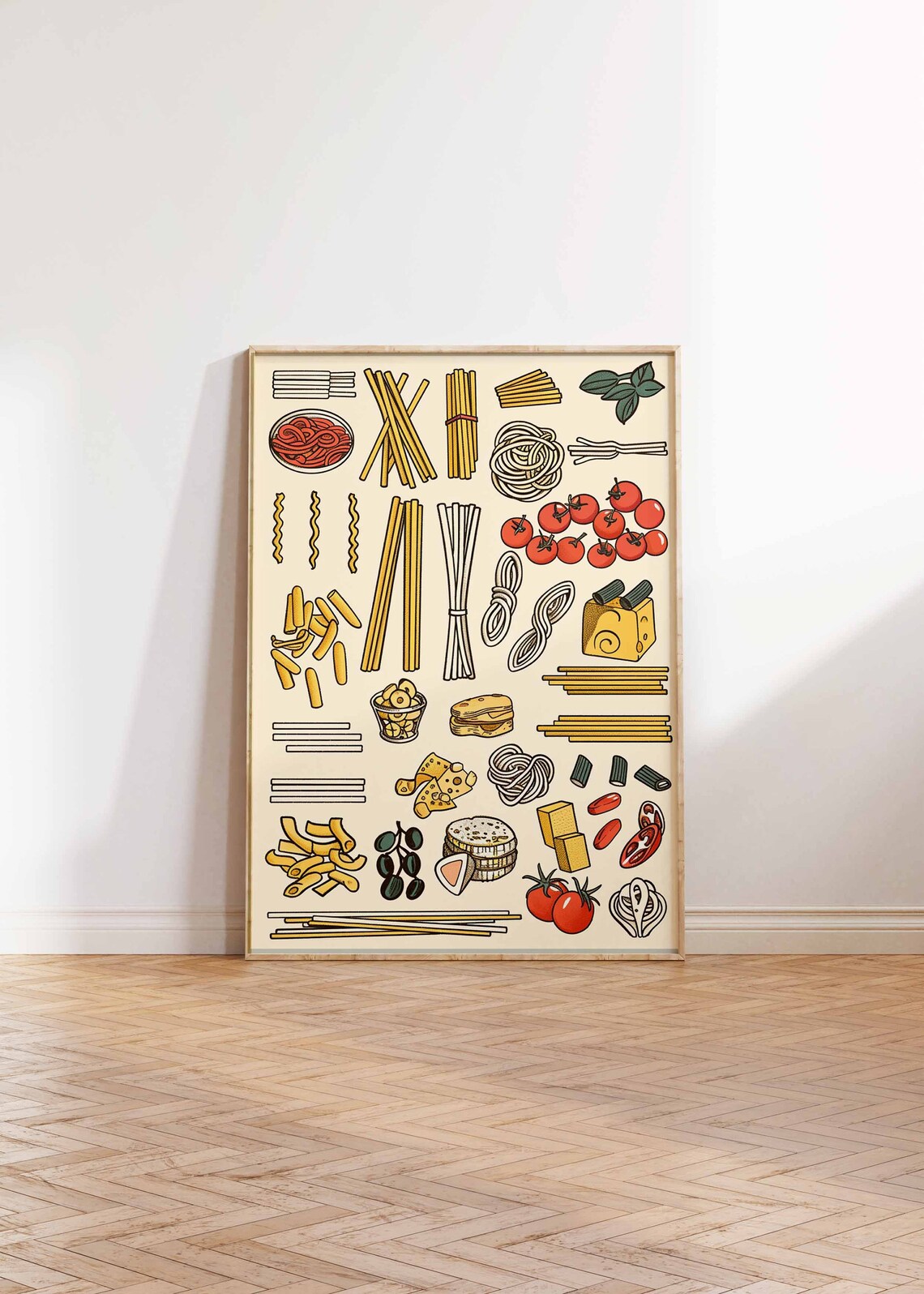 Hand Drawn Pasta Shapes with Tomato Basil Kitchen Poster Italy Food - Image 2