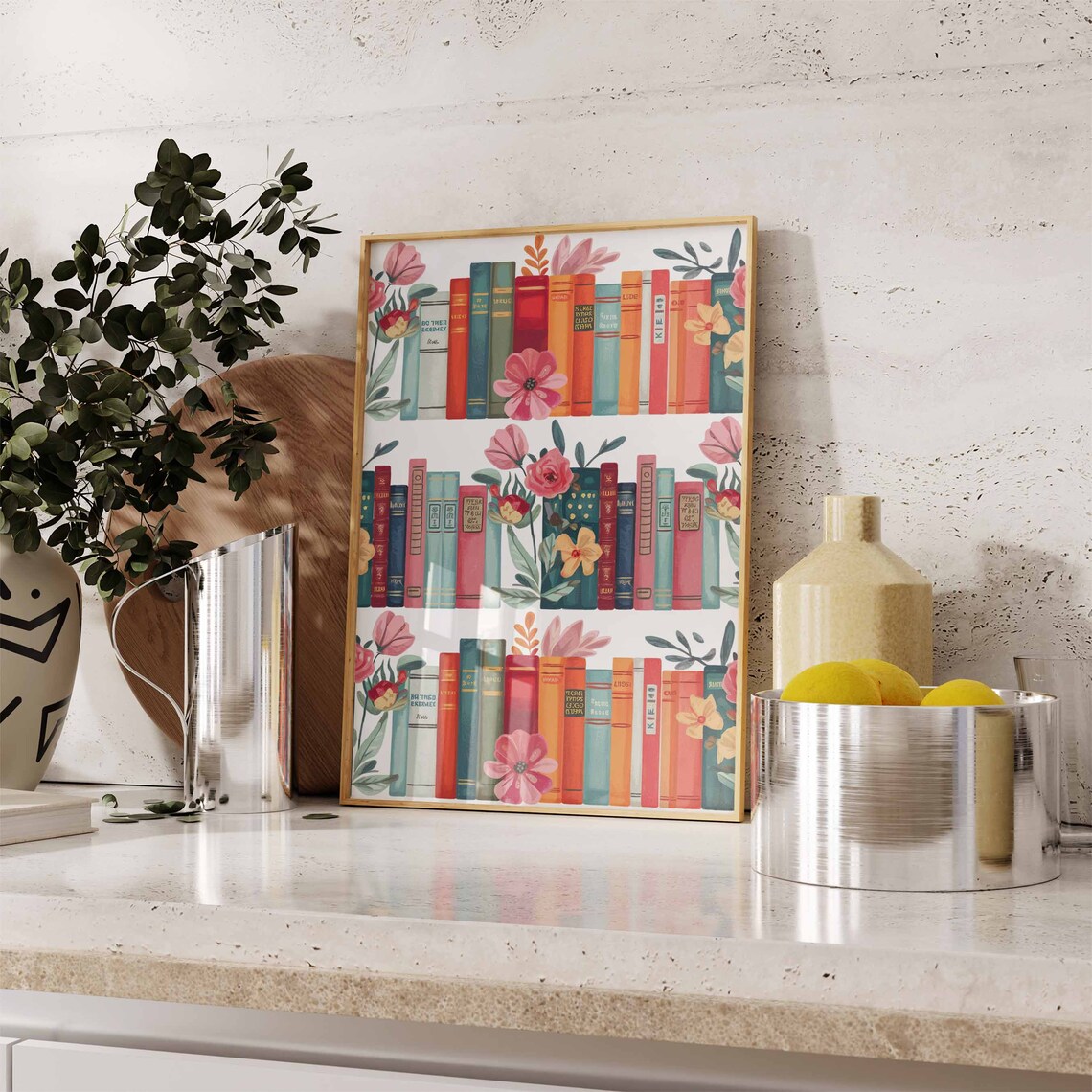 Vintage Library Bookshelf with Pink Flowers for Book Lovers Poster - Image 2
