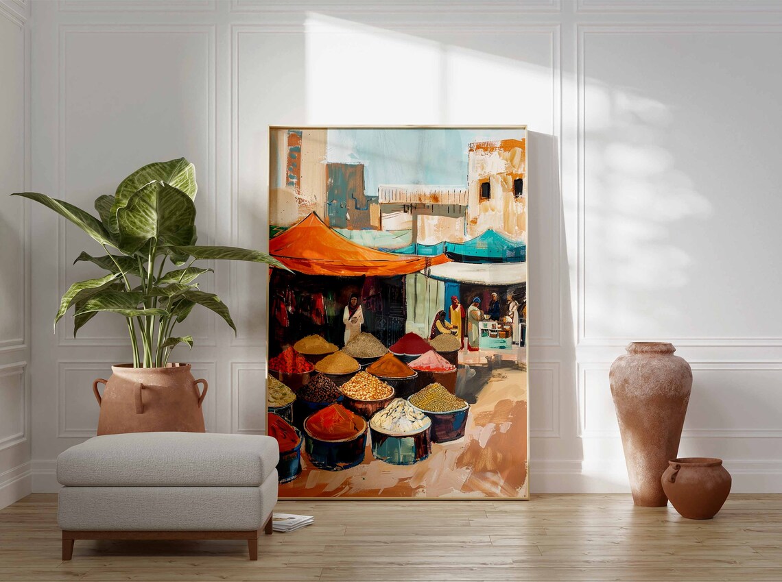 Outdoor Market Stalls Under Colorful Tents Spice Mounds Poster - Image 3