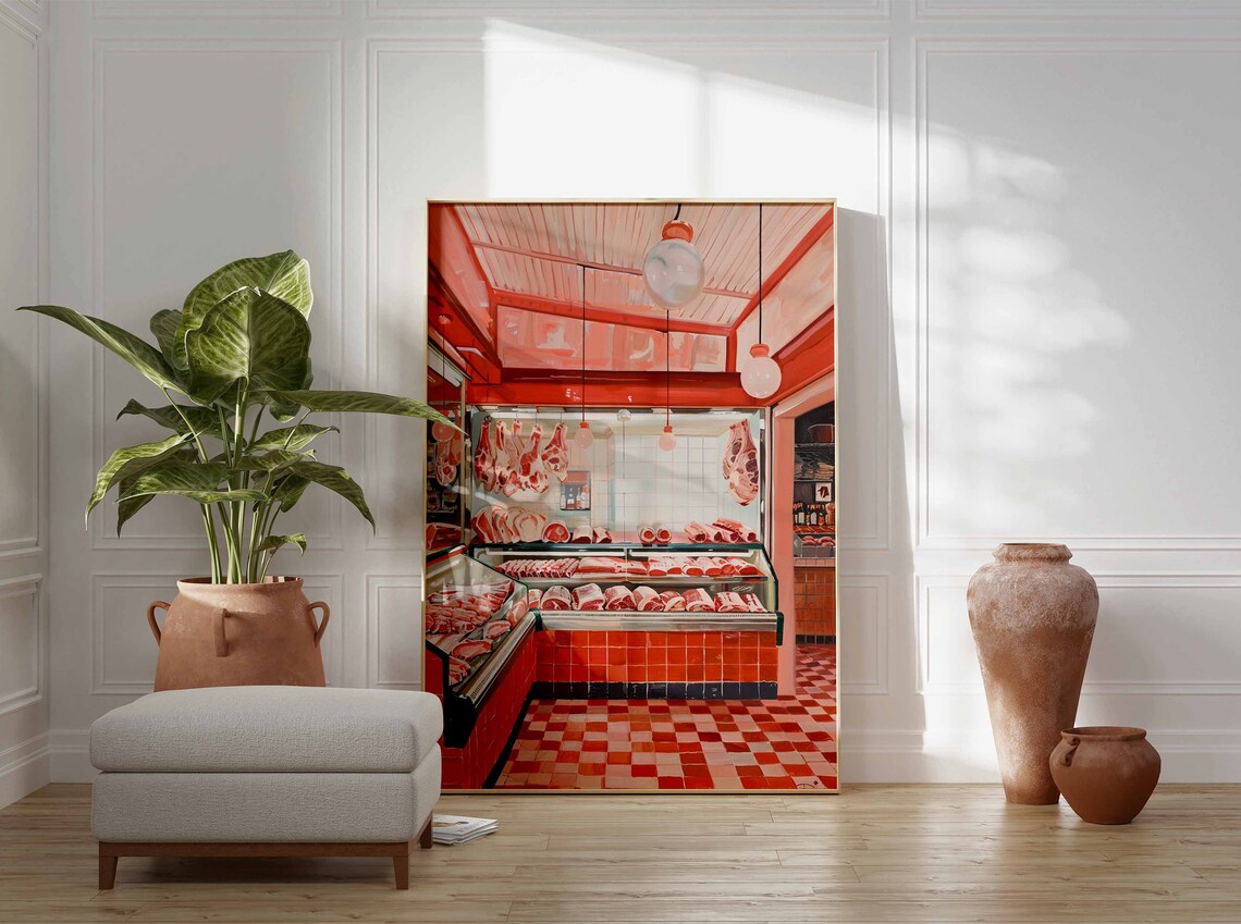 Vintage Butcher Shop Red Tiled Meat Display Painted Retro Art Print - Image 3