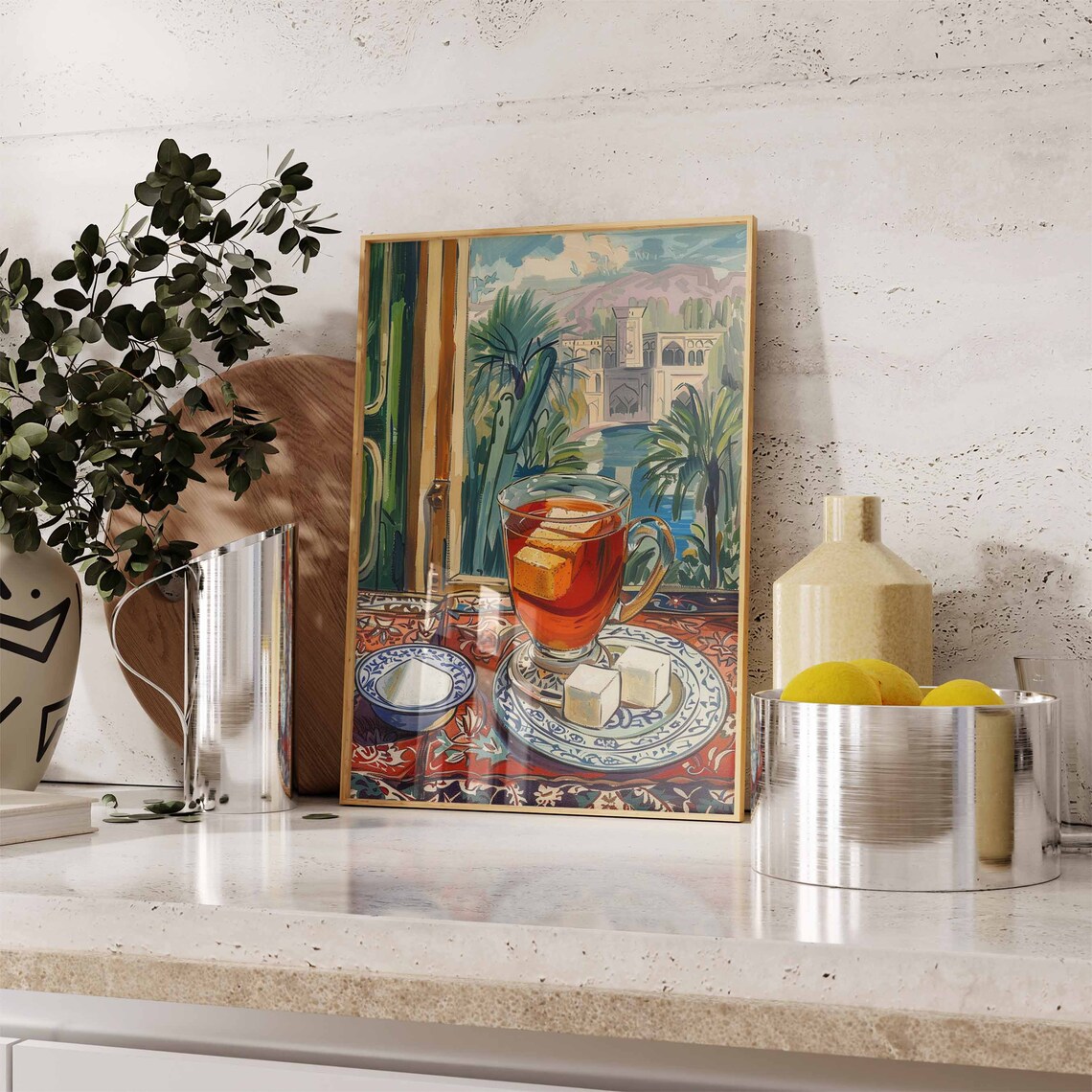 Tea Glass with Sugar Cubes Middle Eastern Courtyard Scene Poster - Image 2