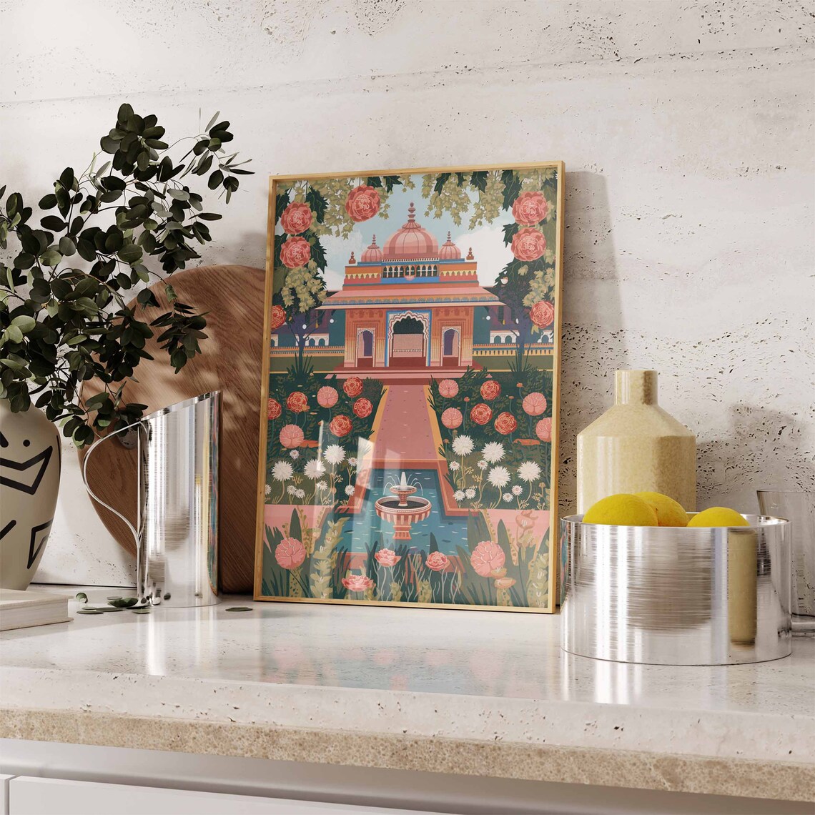 Ornate Pink Indian Domed Palace Rose Garden Fountain Art Poster - Image 3