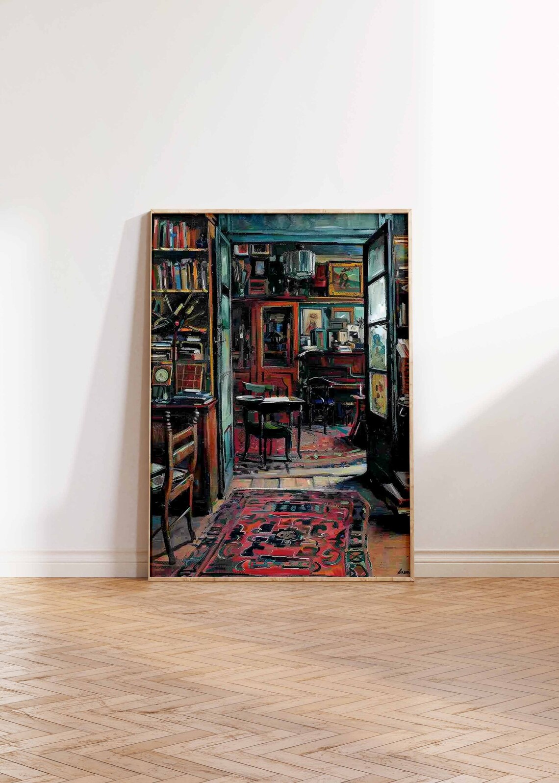 Cozy Antique Bookshop Interior Books Rugs Nostalgic Vintage Print - Image 2