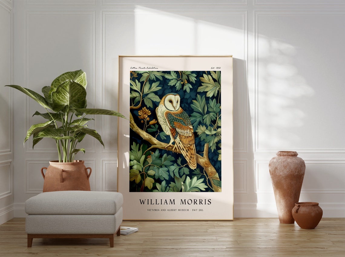 William Morris Barn Owl on Leafy Branch Botanical Night Style Poster - Image 3