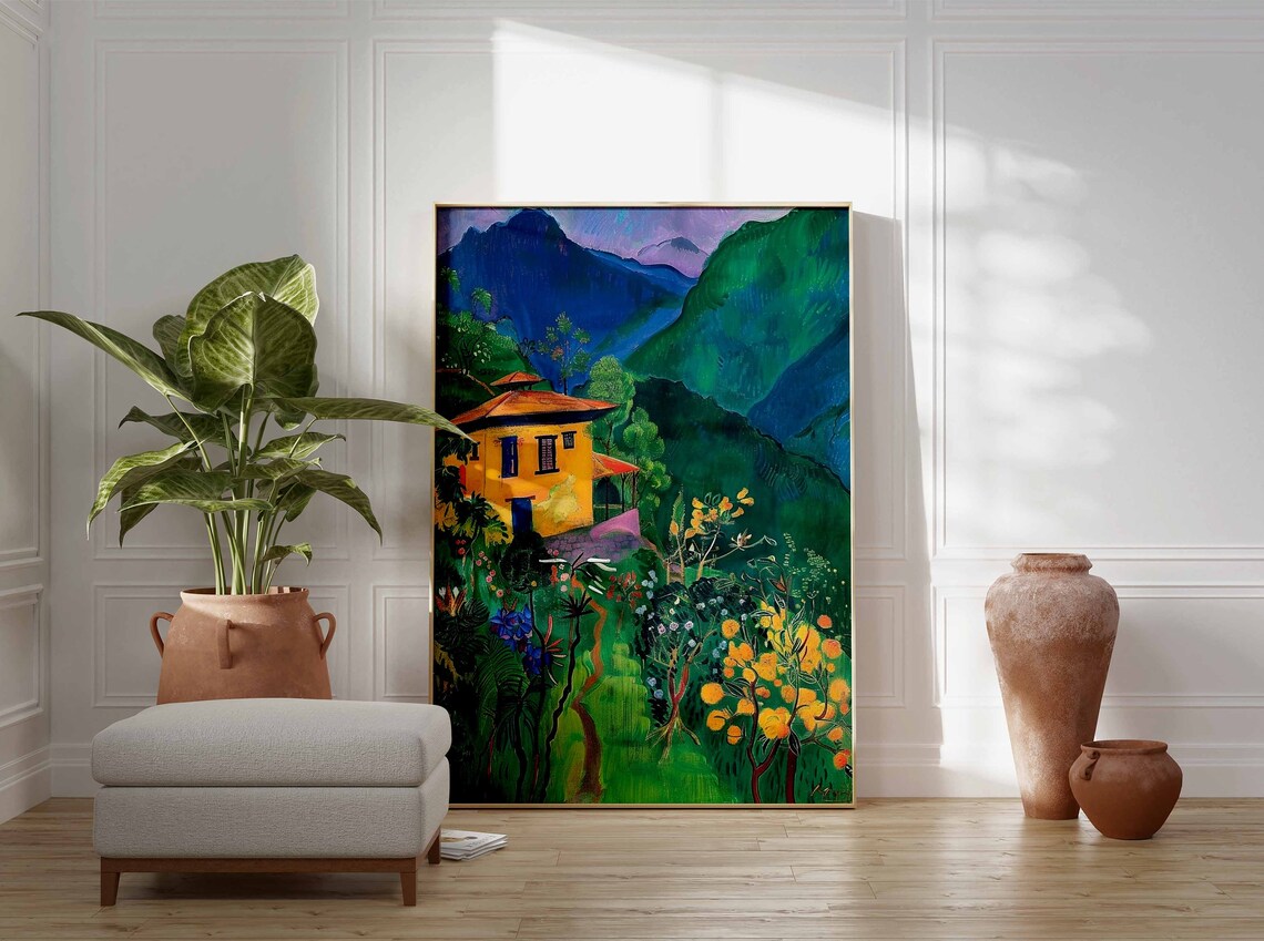 Yellow Mountain House with Flower Garden Deep Blue Peaks Art Poster - Image 3