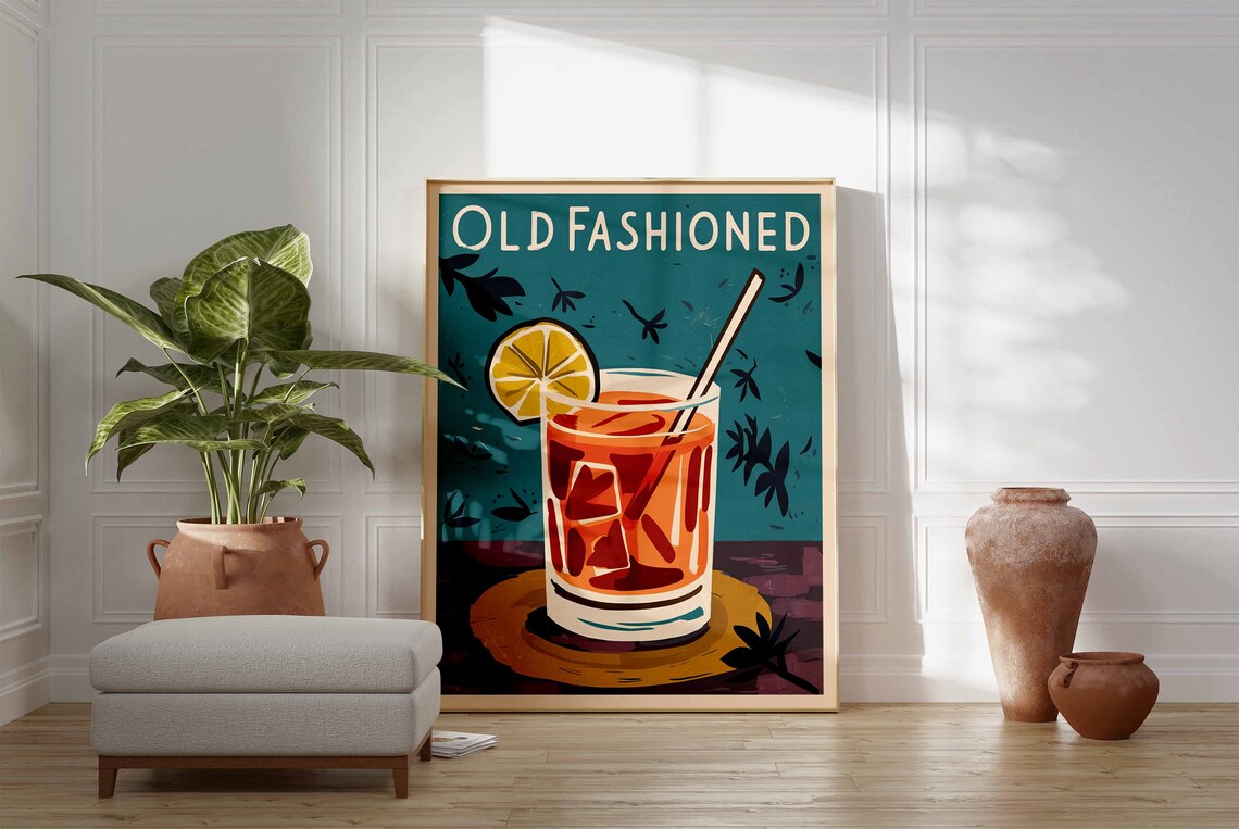 Old Fashioned Cocktail Lemon Slice Teal Vintage Bar Decor Poster - Image 3