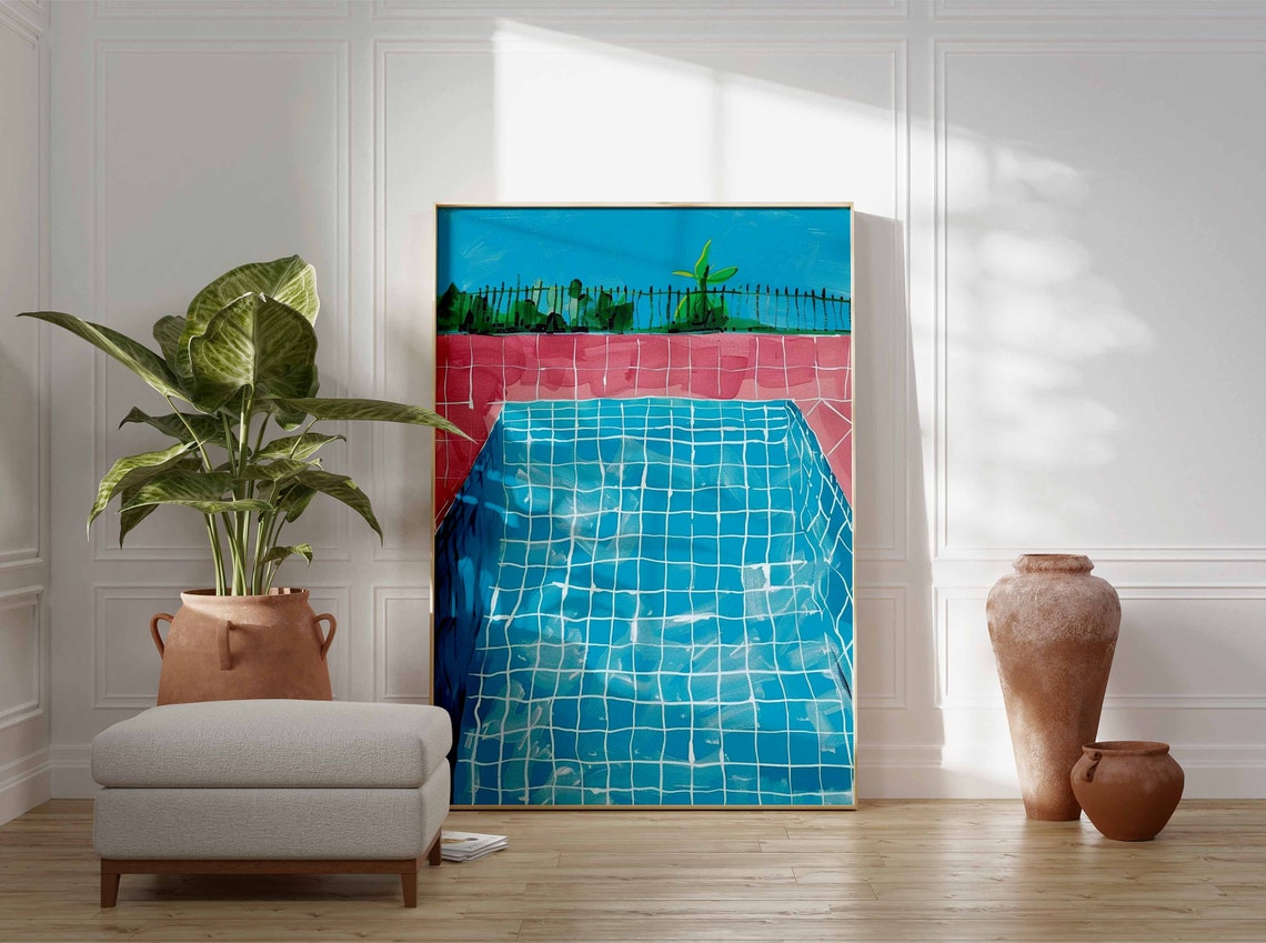 Bright Blue Pool White Grid Tiles Pink Deck Modern Pop Poster - Image 2