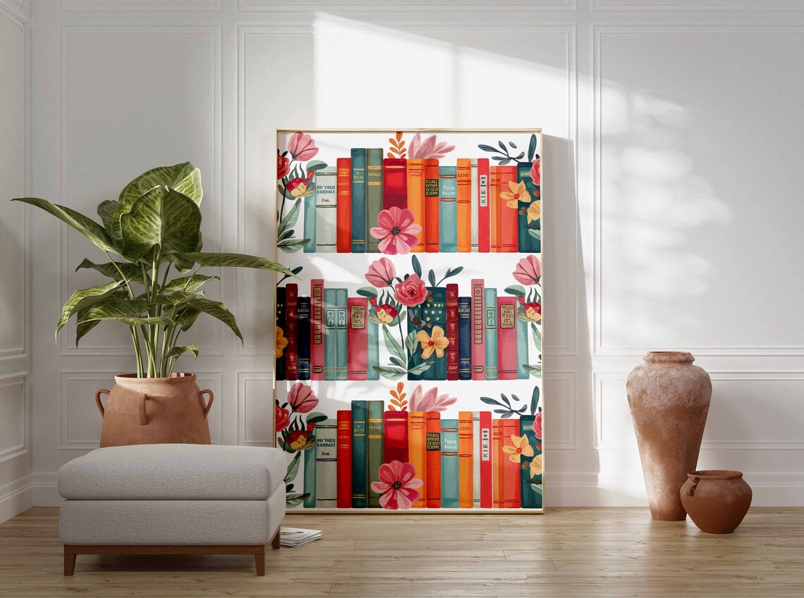 Vintage Library Bookshelf with Pink Flowers for Book Lovers Poster - Image 3