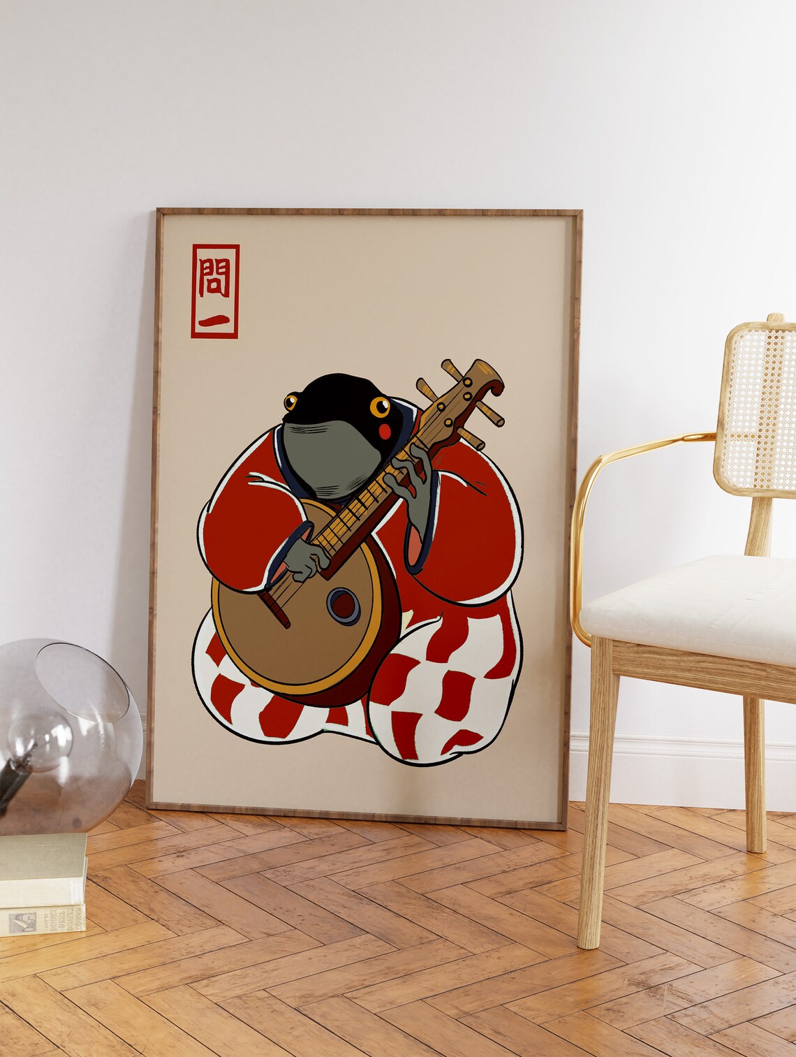 Funny Japanese Frog Playing Lute Red Kimono Vintage Style Poster - Image 3