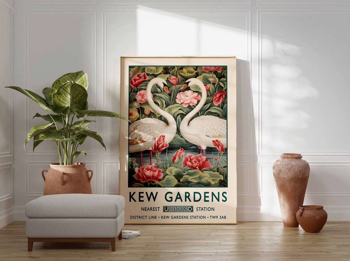 Kew Gardens London Swans Lotus Vintage Underground Travel Poster - Image 3