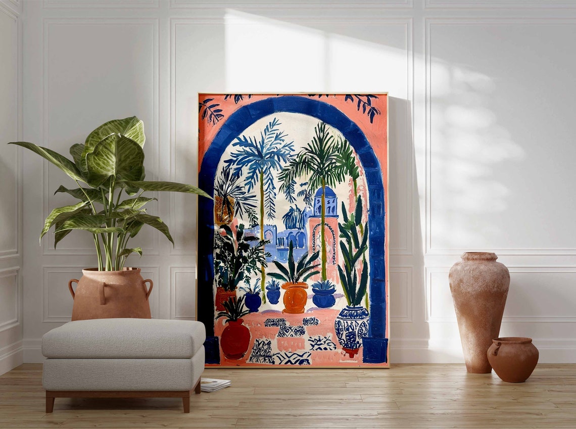 Blue Arch Courtyard With Palm Trees Potted Plants Art Poster - Image 2