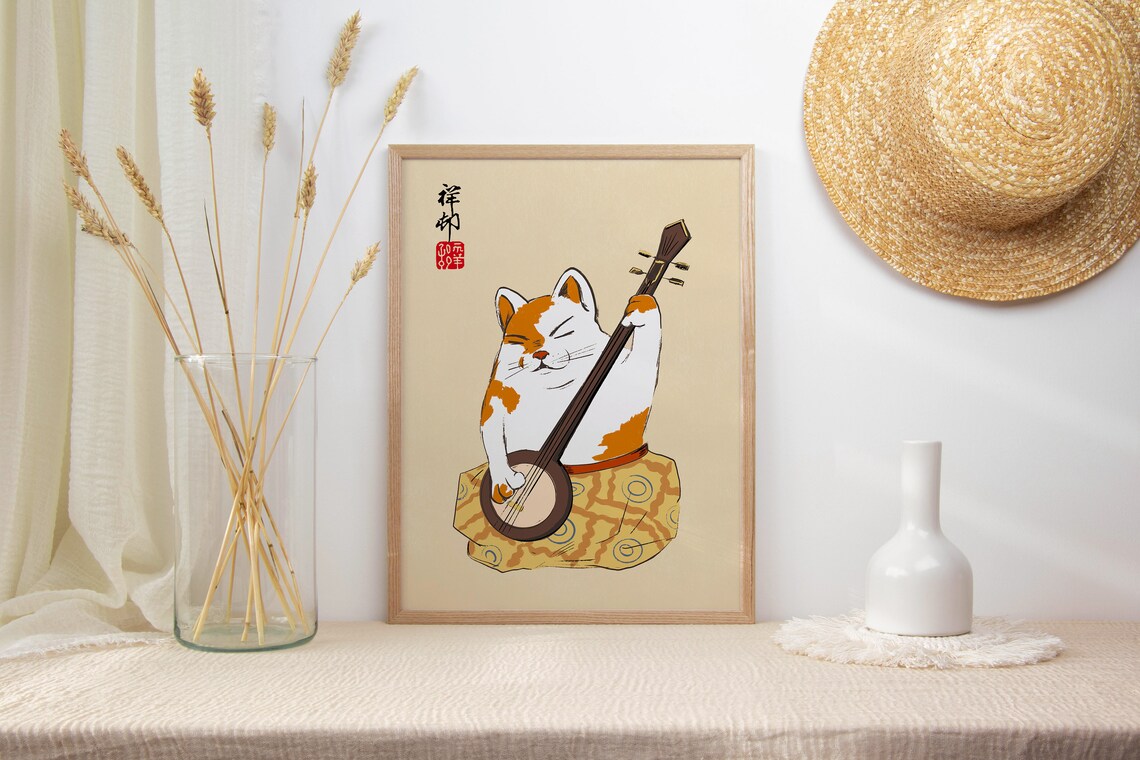 Japanese Cat Playing Shamisen Traditional Music Instrument Art Poster - Image 2