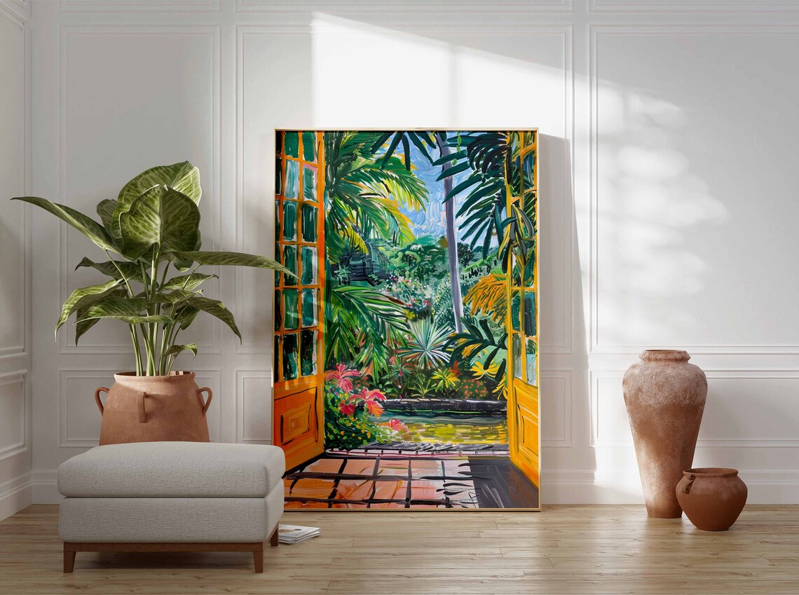Yellow French Doors Tropical Garden Pond Palm Trees Art Poster - Image 2