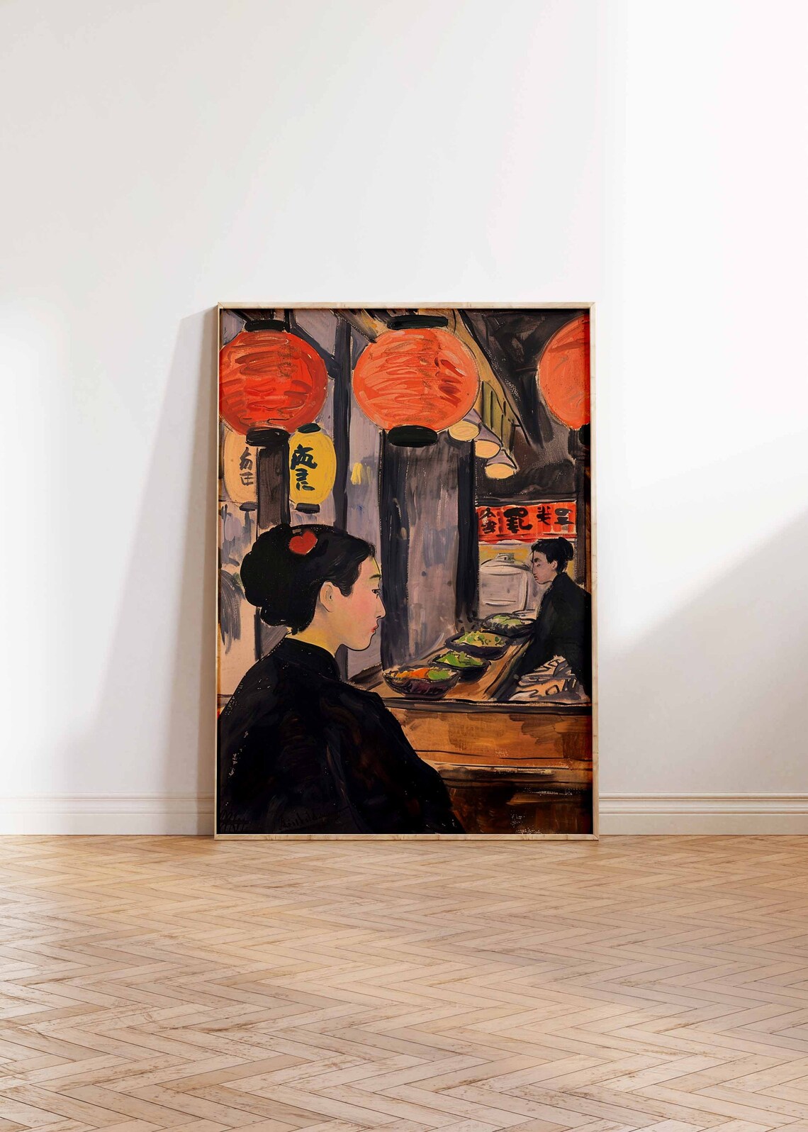 Japanese Restaurant Scene Woman at Counter Red Lanterns Painting Poster - Image 2