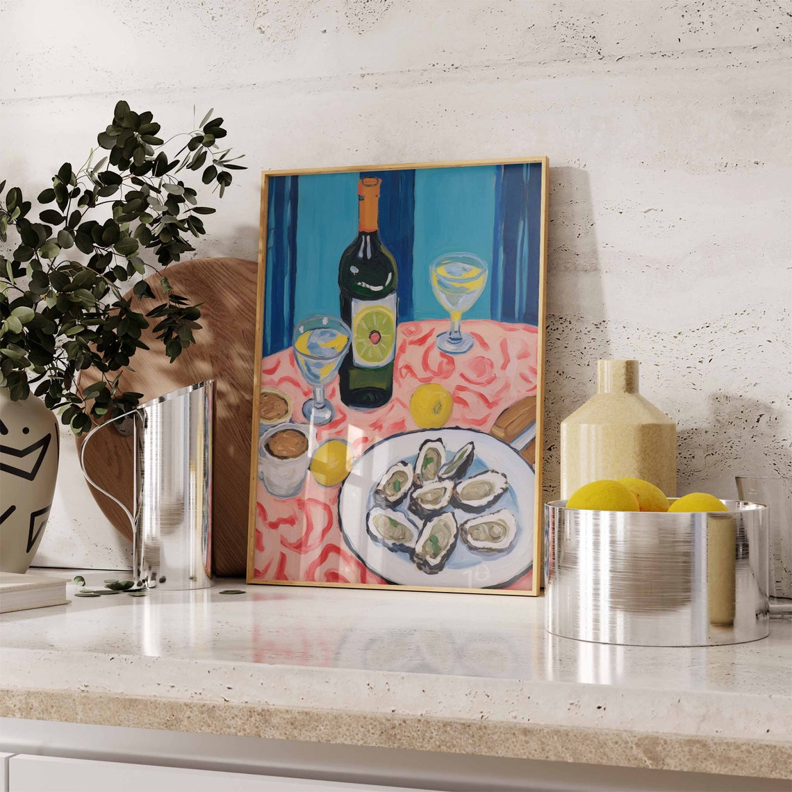 Oysters And Wine Still Life Painterly Pink Tablecloth Food Poster - Image 2