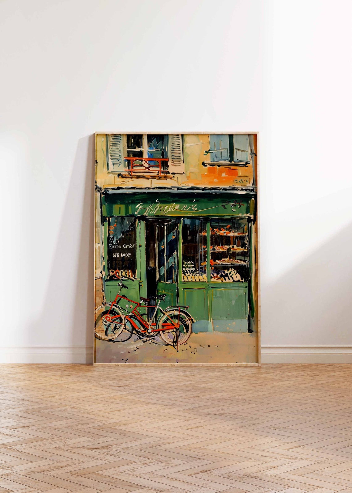 Green Storefront Red Bicycle Impressionist Street Scene Art Poster - Image 2
