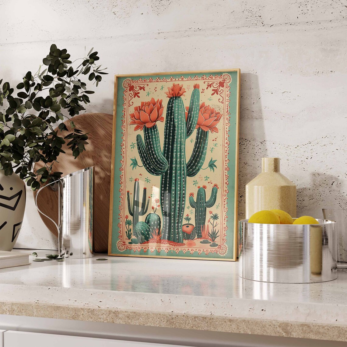 Mexican Saguaro Cactus Wall Art Vintage Folk Art Desert Blooms - Image 2