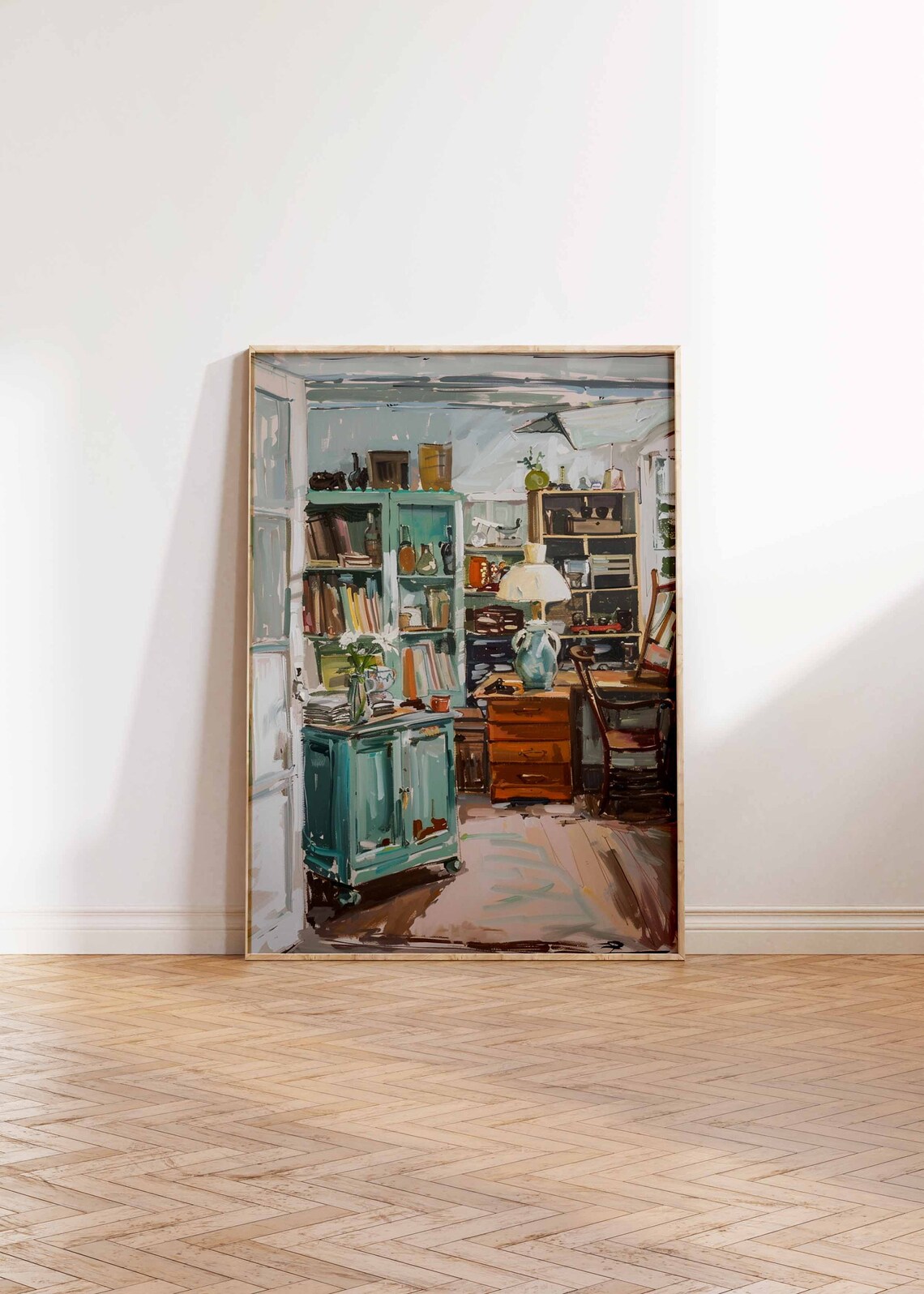 Cozy Vintage Study Interior Teal Cabinet Books Lamp Warm Print - Image 2