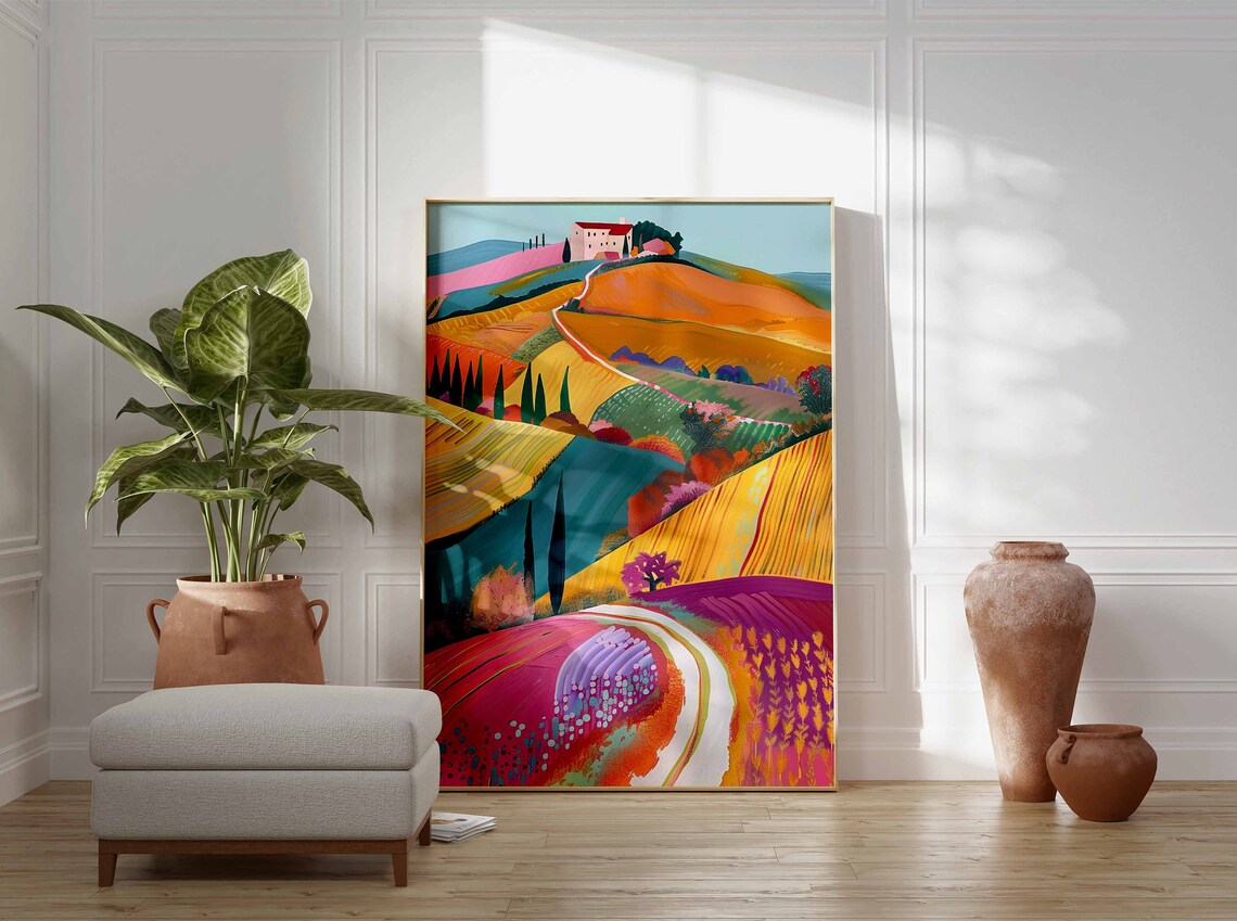 Italian Hilltop Village Valley Cypress Trees Landscape Art Print - Image 3