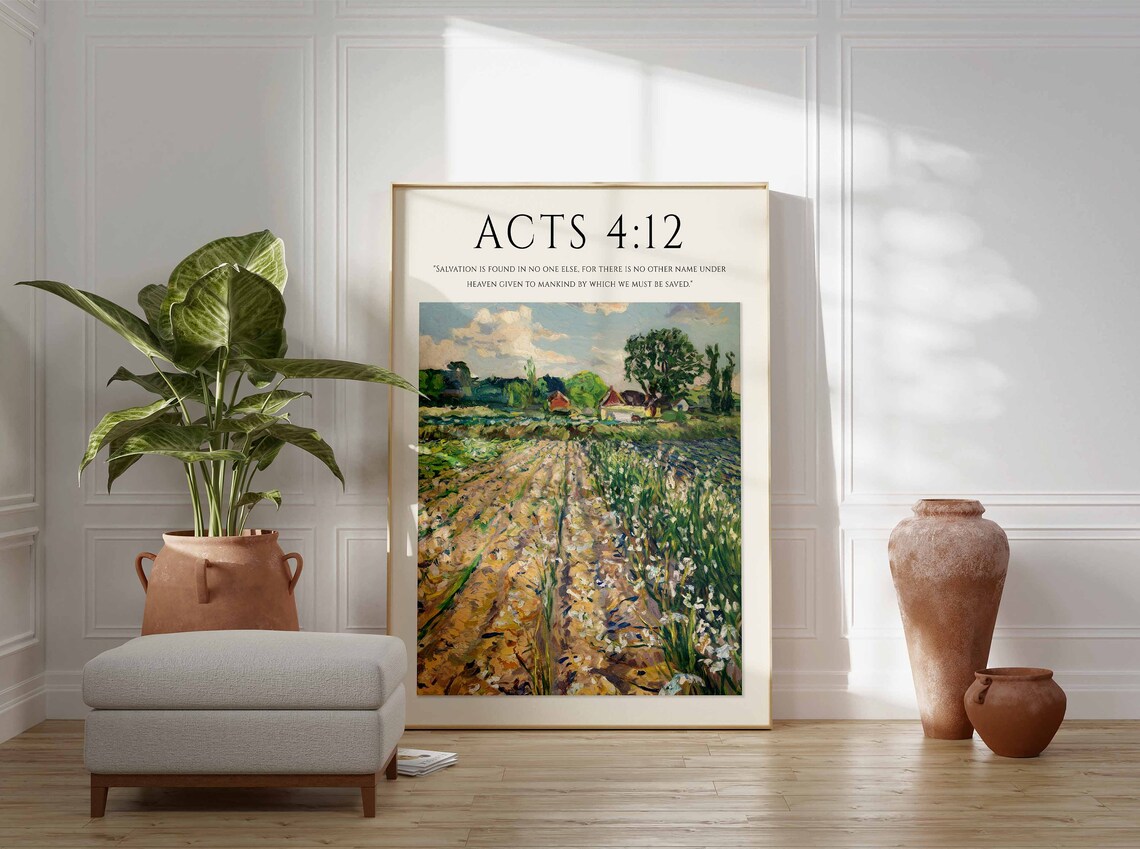 Acts 4:12 Bible Verse Sunlit Farmland Field Salvation Art Print - Image 2