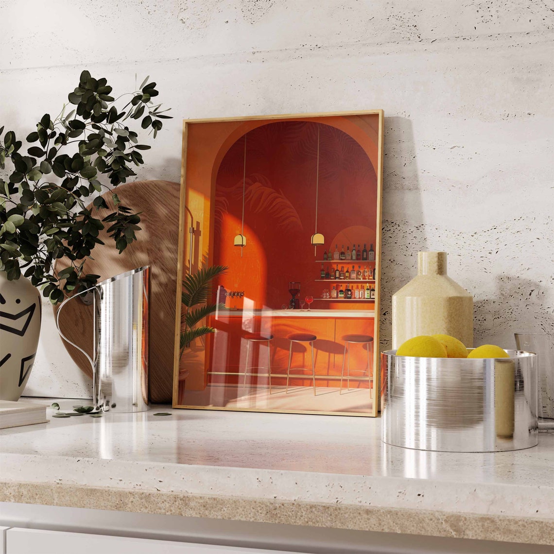 Retro Orange Cocktail Bar Interior Bottles Modern Bar Decor Poster - Image 2