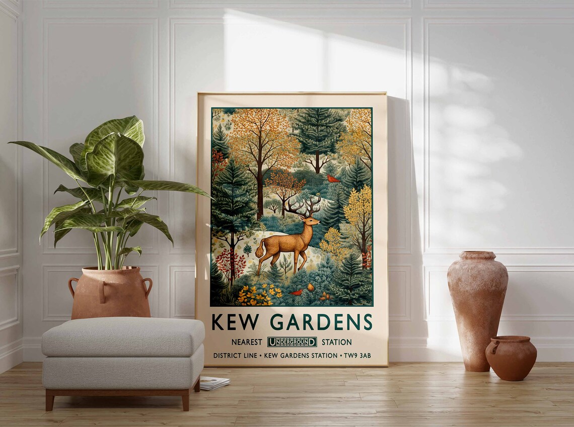 Kew Gardens Stag In Autumn Forest Arts And Crafts Style Poster - Image 3