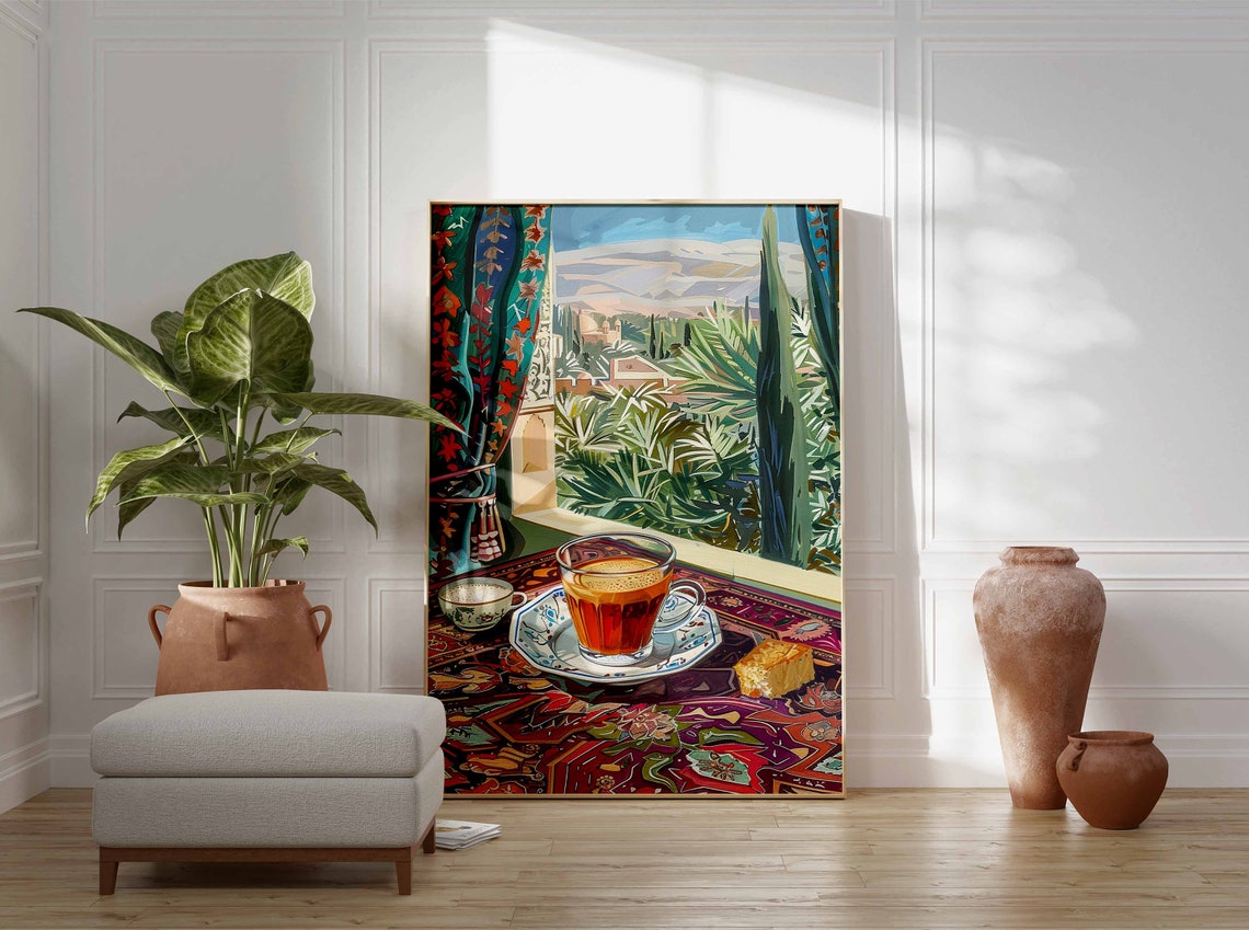 Amber Tea Glass Palms Window View Vibrant Patterned Wall Art - Image 2