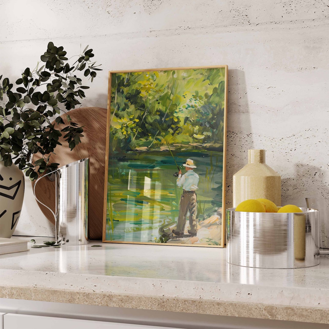 Impressionist Angler Fly Fishing from Green River Bank Art Poster - Image 2