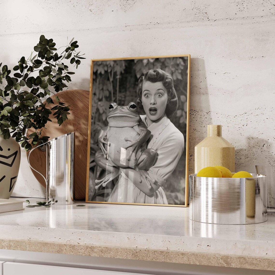 Surprised Woman Holding Giant Frog Vintage Black White Poster - Image 2