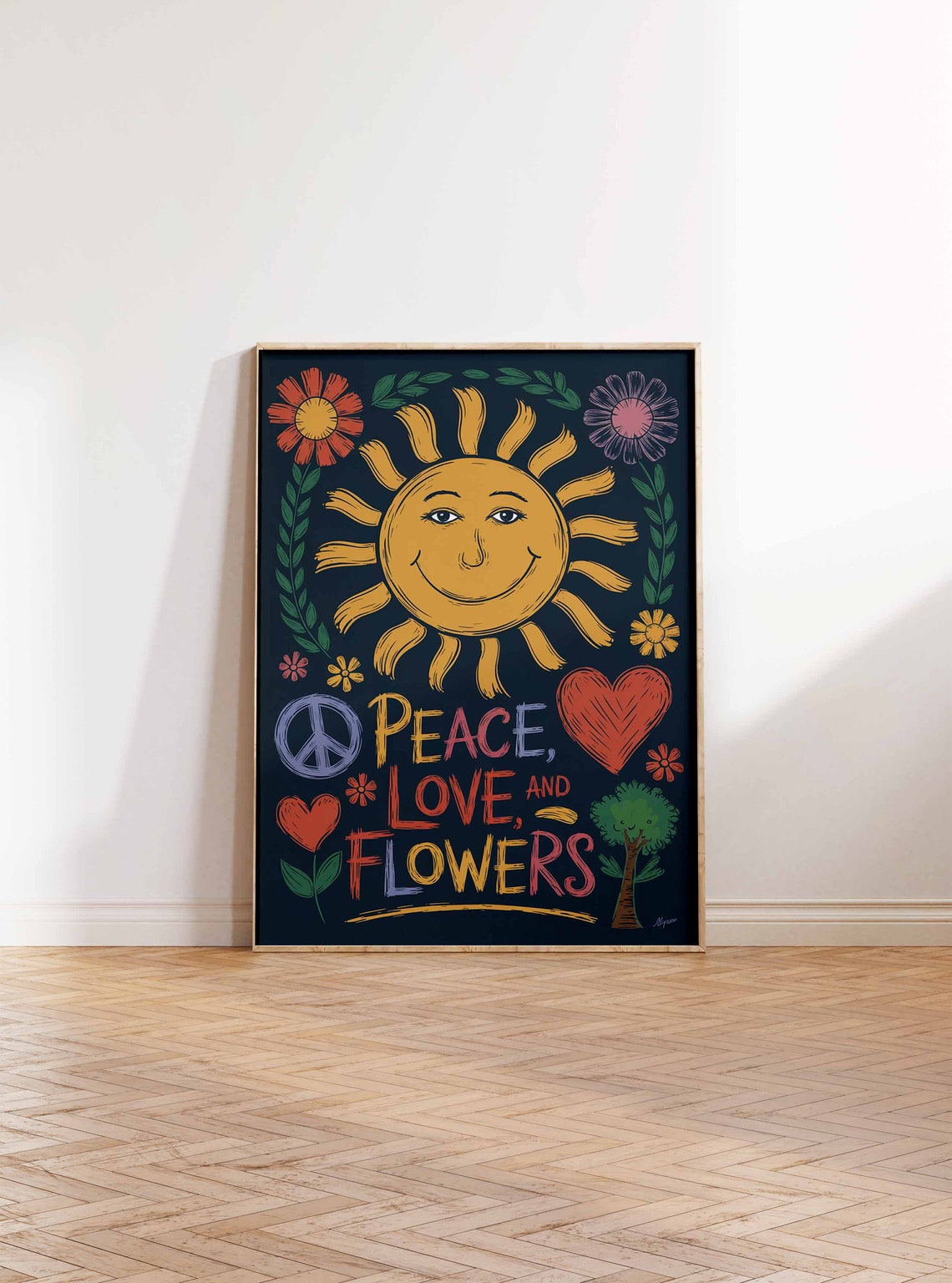Peace Love and Flowers Retro Chalkboard Hippie Sun Art Poster - Image 2