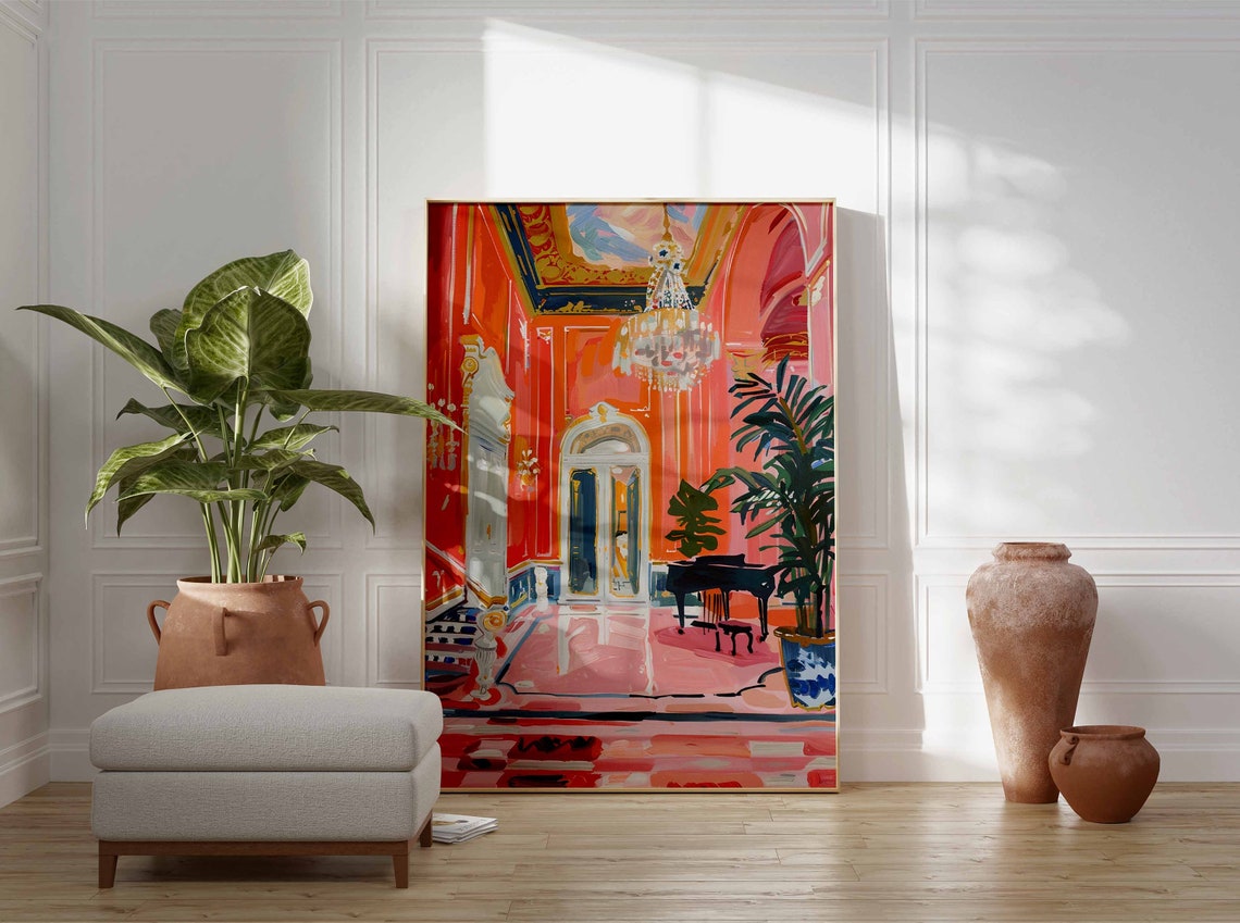 Red Salon Grand Piano Chandelier Elegant Interior Art Poster - Image 3