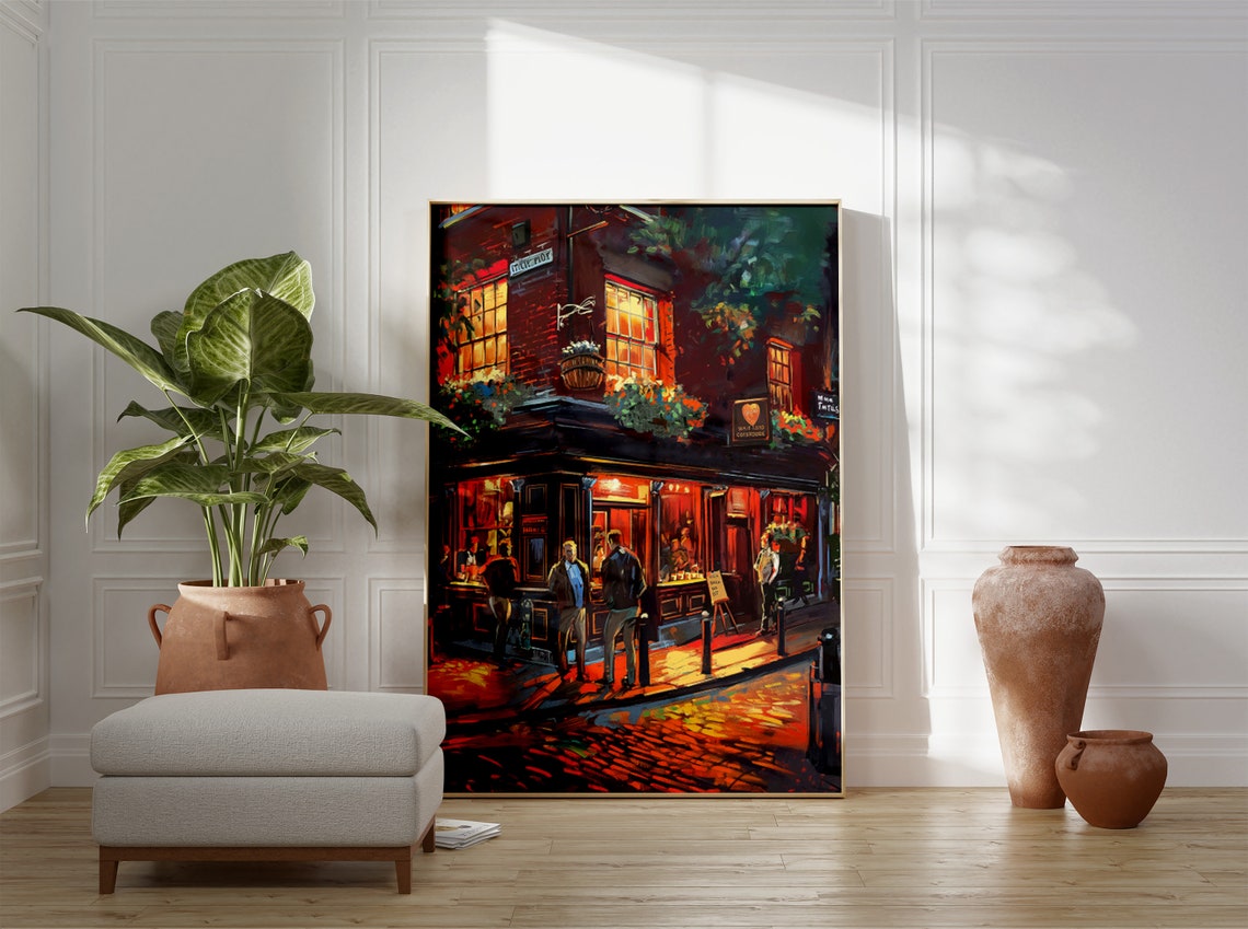 London Pub Night Scene Hanging Flower Baskets Warm Glow Poster - Image 3
