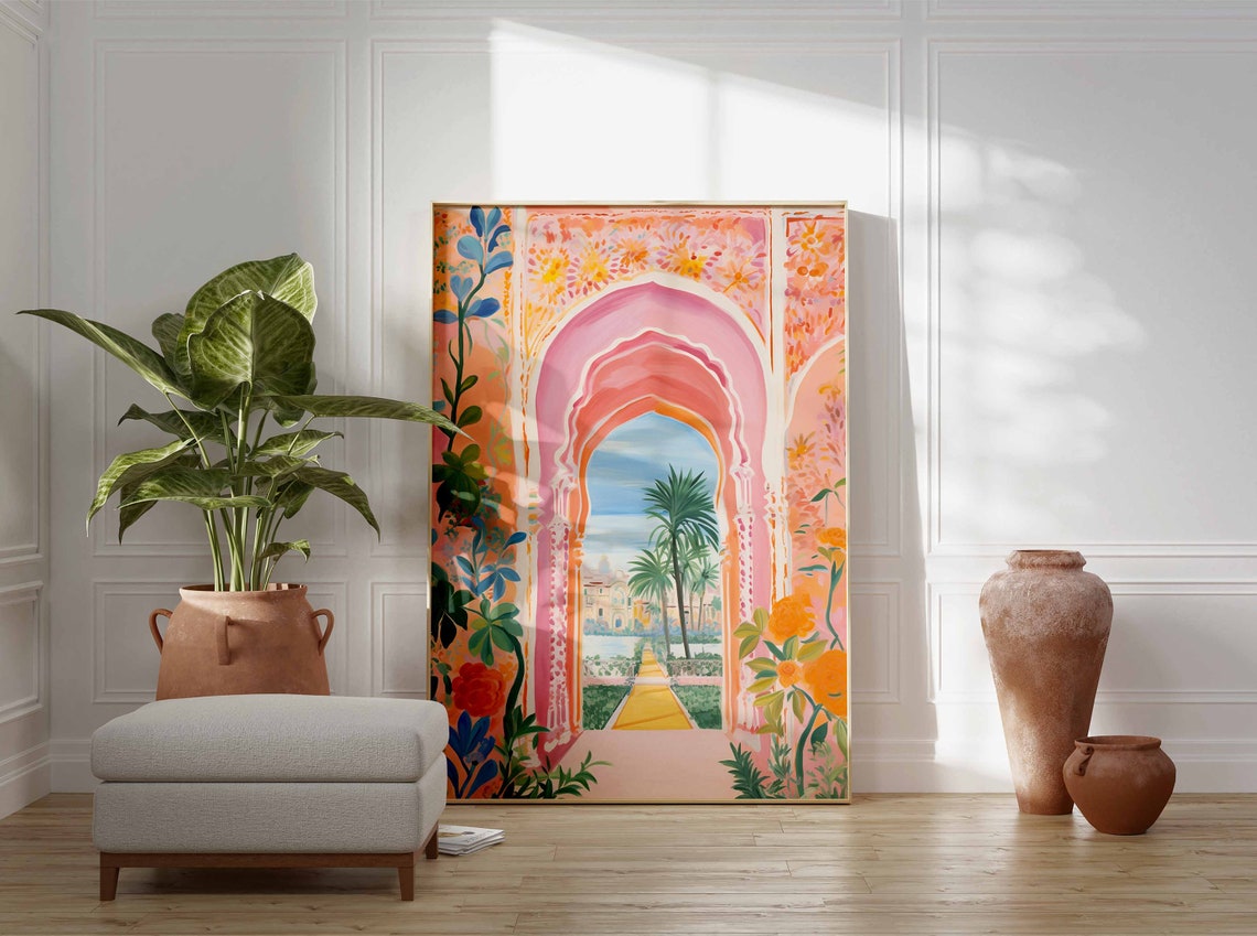 Moroccan Pink Archway Pastel Garden Palm Courtyard Art Poster - Image 2
