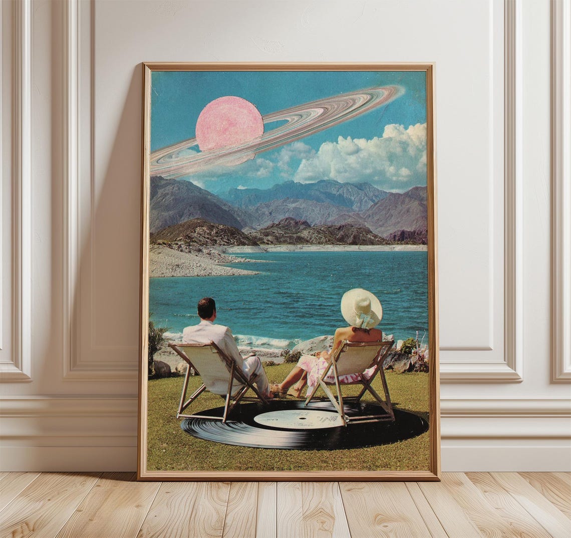 Surreal Retro Collage Art Print Couple Under Planet Beach Wall Decor