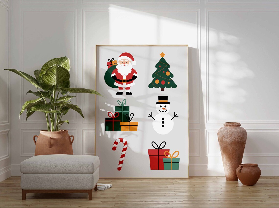 Cute Cartoon Santa Snowman Tree Gift Kids Christmas Art Poster - Image 3