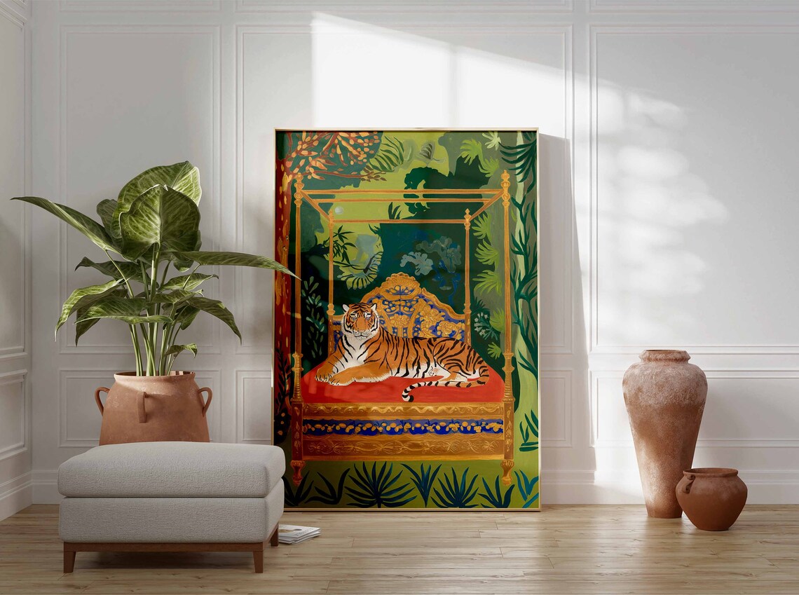 Indian Tiger on Ornate Golden Throne Bed Jungle Illustration Poster - Image 3