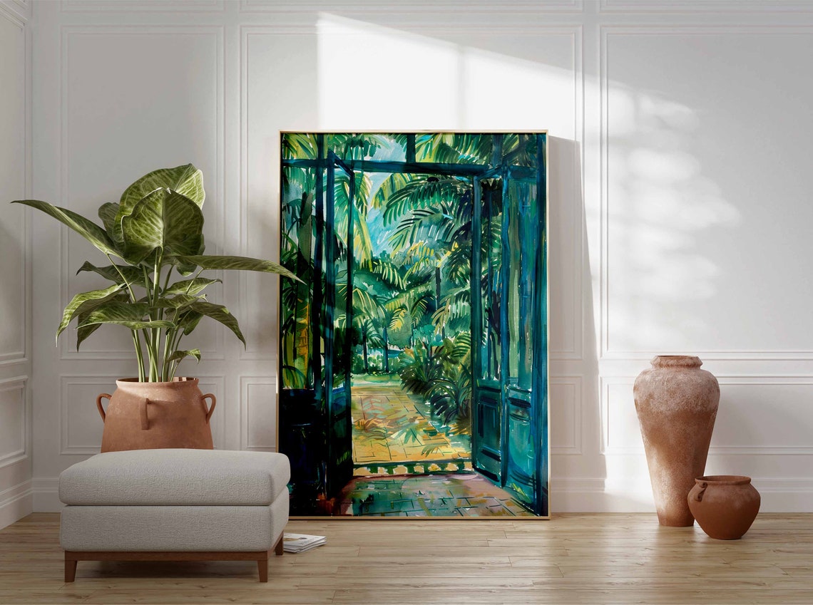 Teal Blue Greenhouse Doorway Tropical Palm Watercolor Poster - Image 2